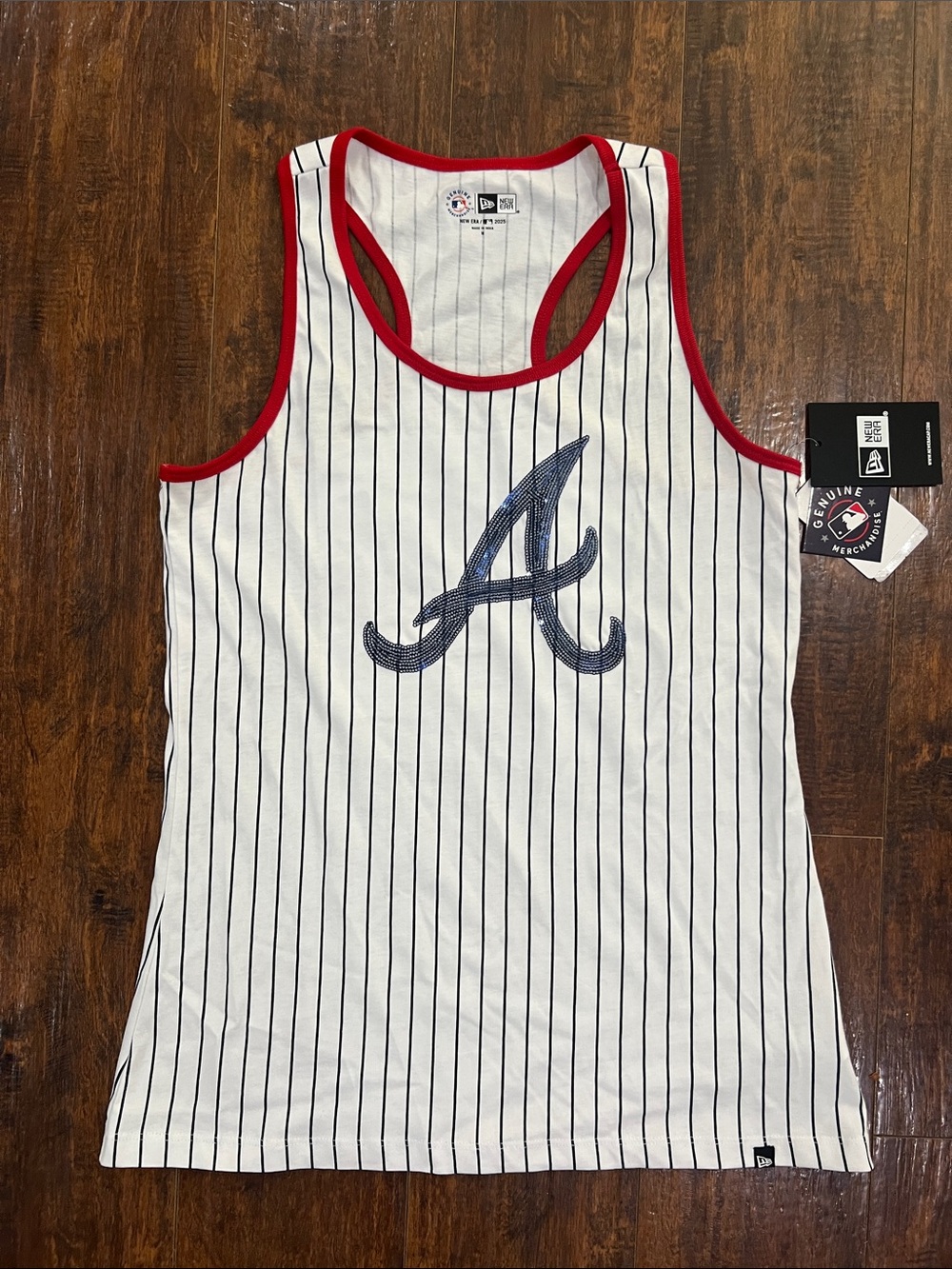 New Era White Pinstripe Tank with Navy Script and Red Trim Sequin Logo